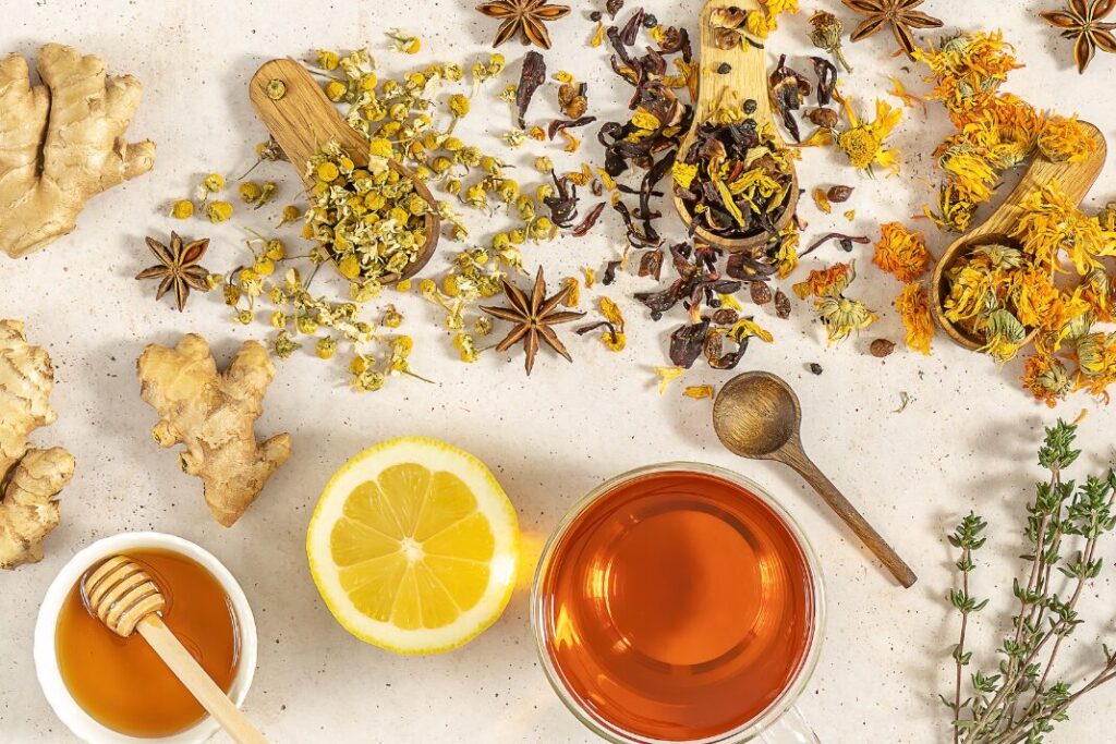 Honey, lemon and herbs as home remedies in a home apothecary