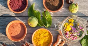 Ayurvedic modern home apothecary with turmeric ginger and kitchen herbs